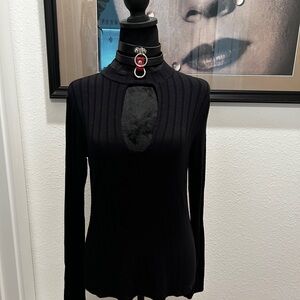 Black Ribbed Mock-Turtle Neck Keyhole Cut out Top.
